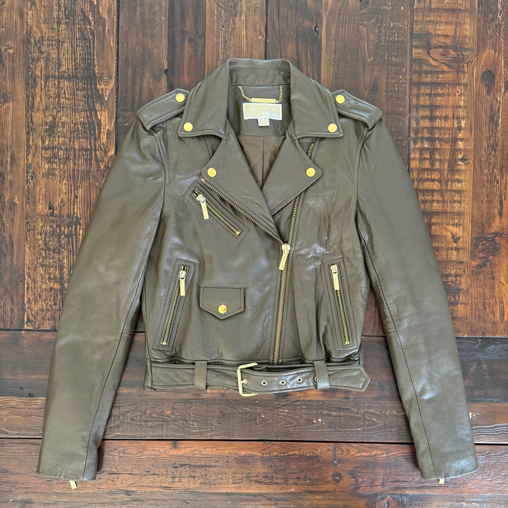 MICHAEL Michael Kors dark olive brown lamb leather moto jacket size S. EUC. - Picture 2 of 8